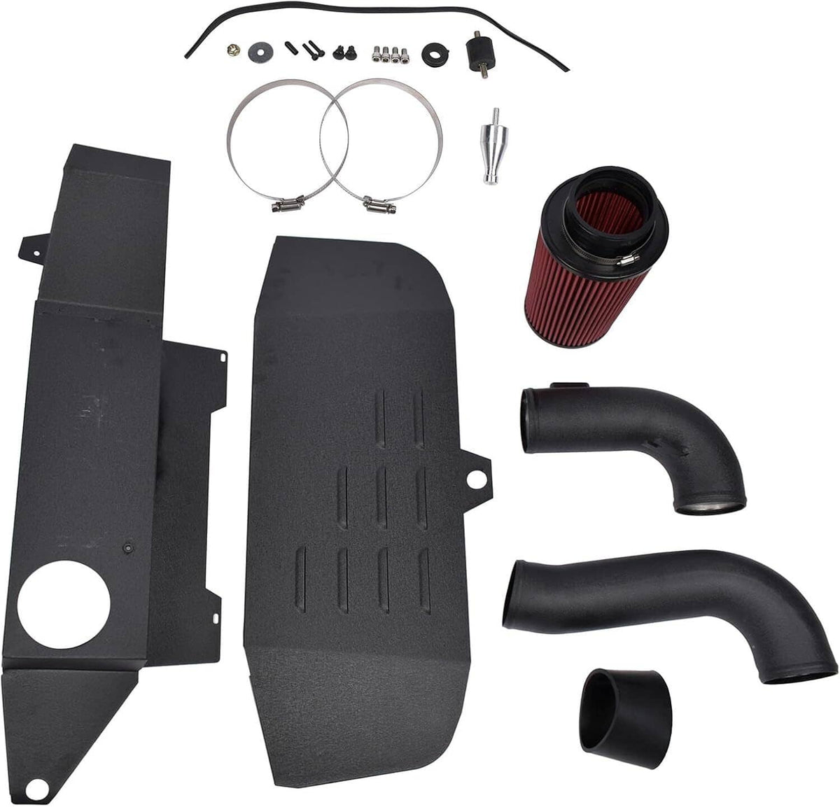 Cold air intake kit components set with red pleated air filter, black hoses, and panels