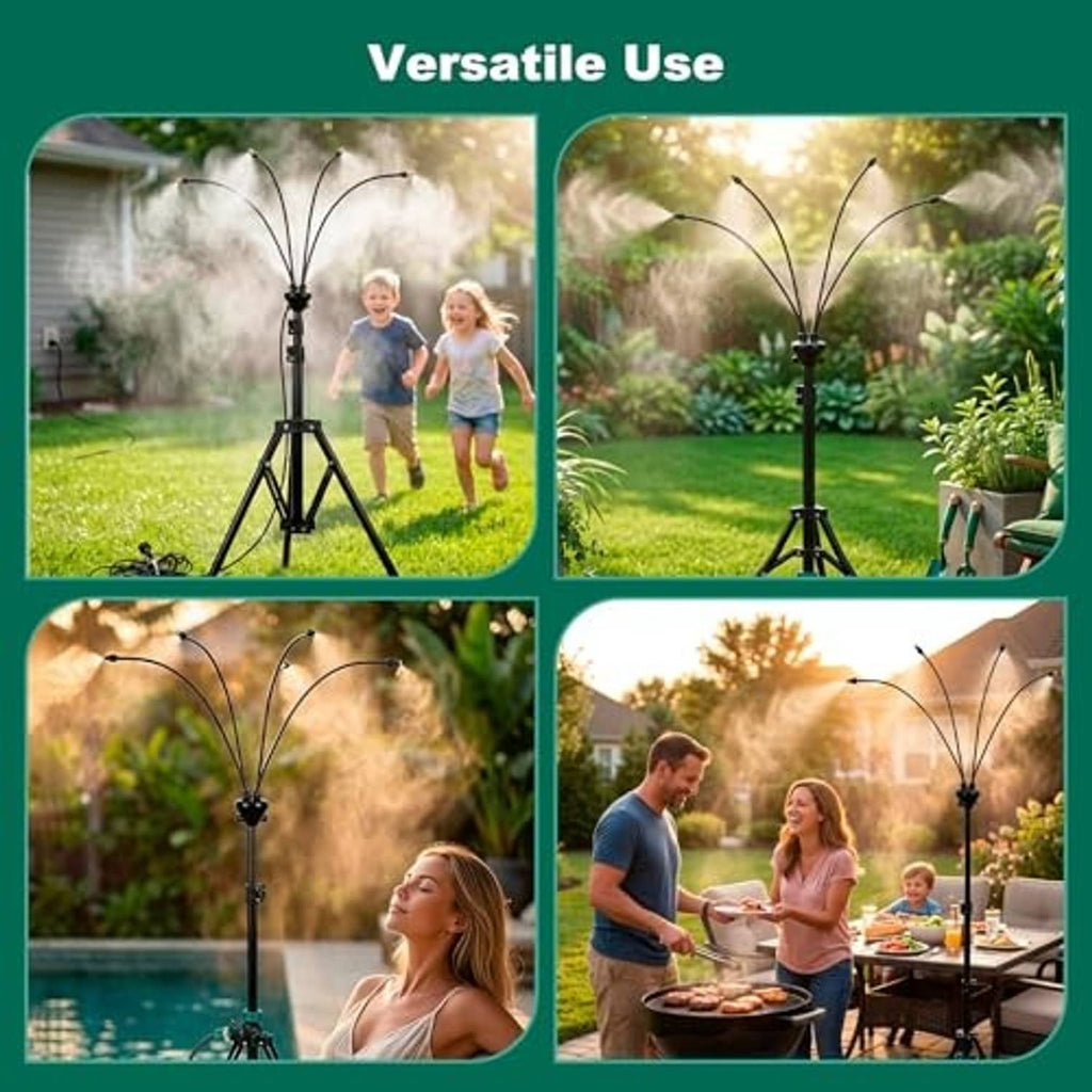 Misting stand versatile use collage showing spray mist outdoors around a garden patio