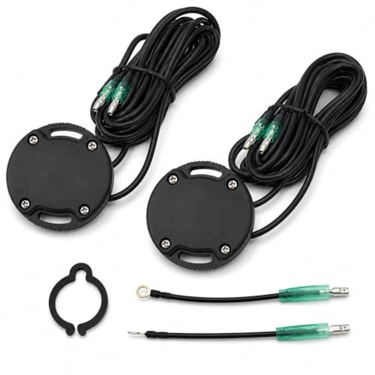 Two black sender covers with bundled wires and green-ended leads, plus retaining clip