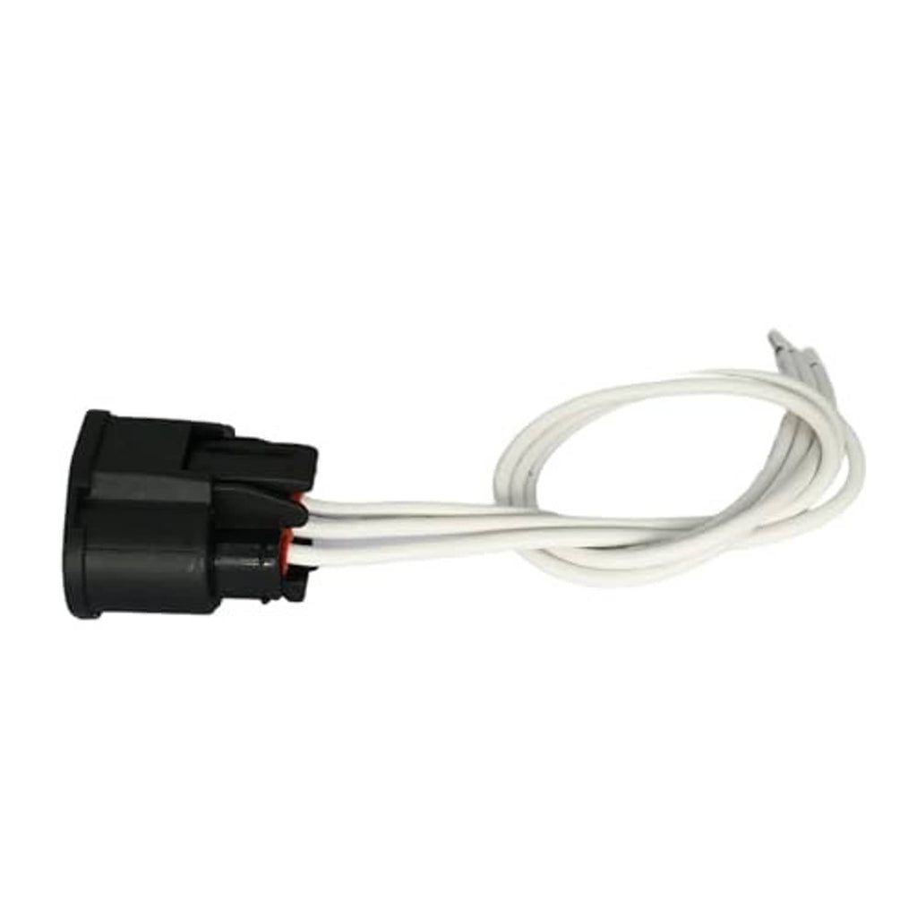 Throttle body wiring harness with black plug, bundled white wires, and metal pins