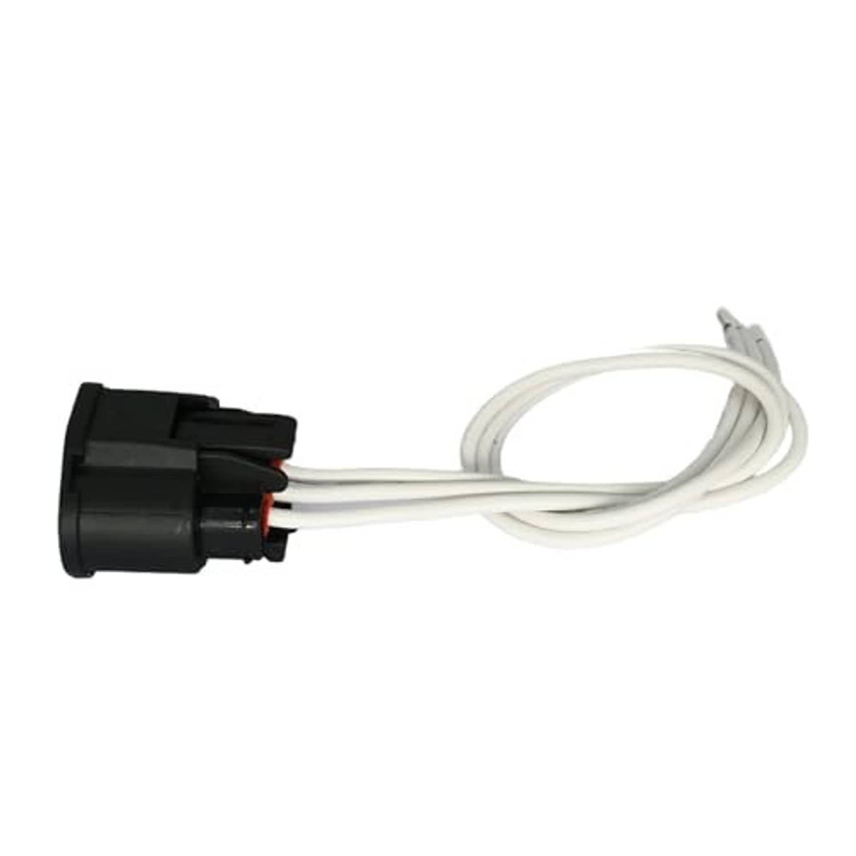 Throttle body wiring harness with black plug, bundled white wires, and metal pins