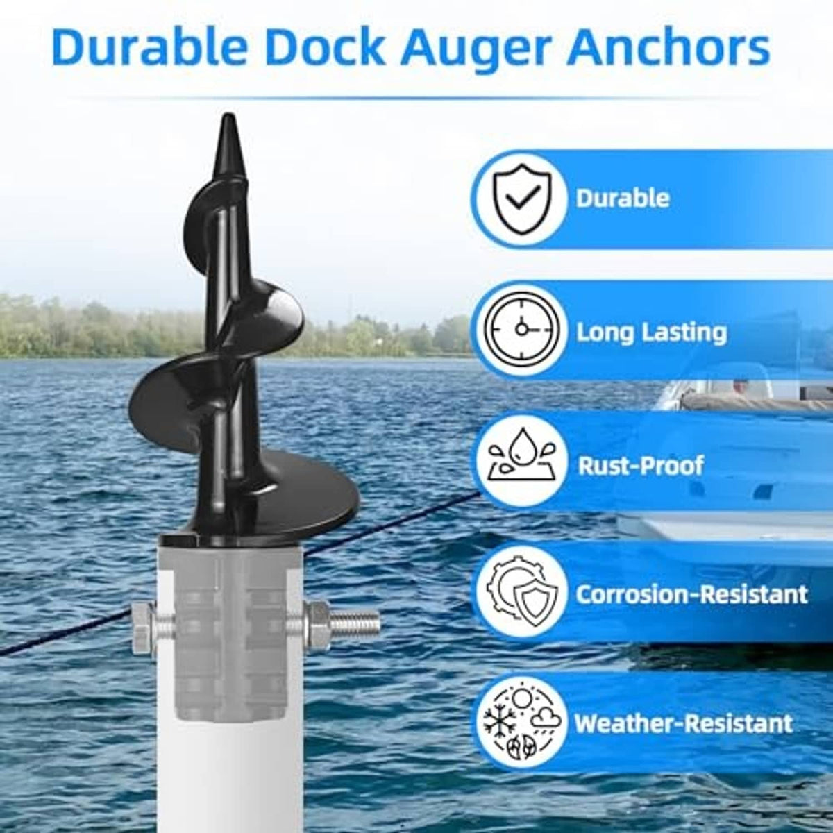 Durable dock auger anchor: black spiral tip on white mounting base with bolt