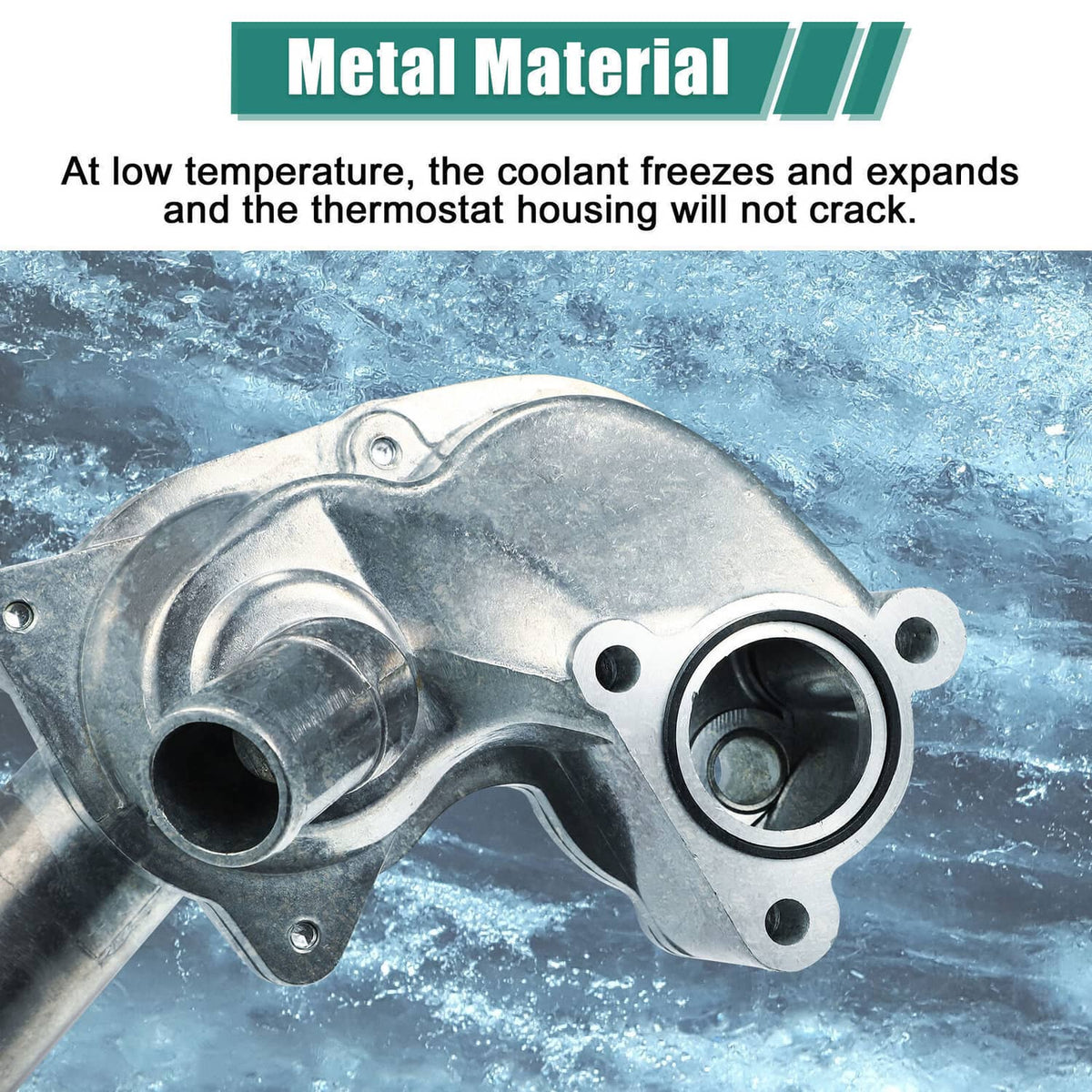 Aluminum thermostat housing close-up showing flange openings and outlet connection