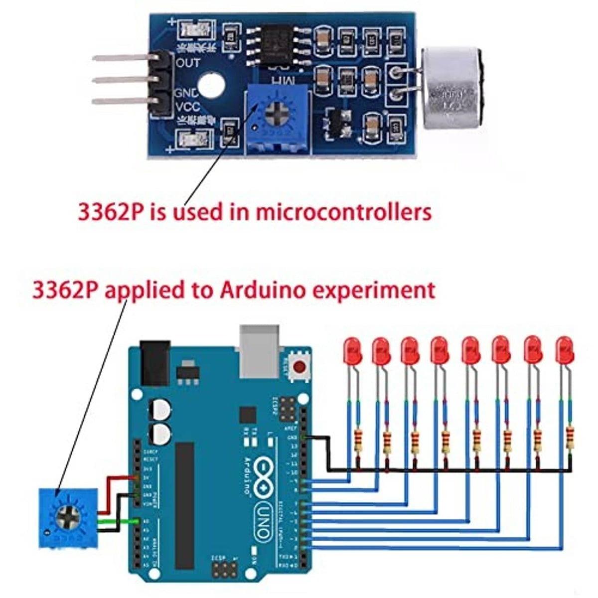 Trimmer potentiometer module PCB with adjustment chip and multiple blue components.