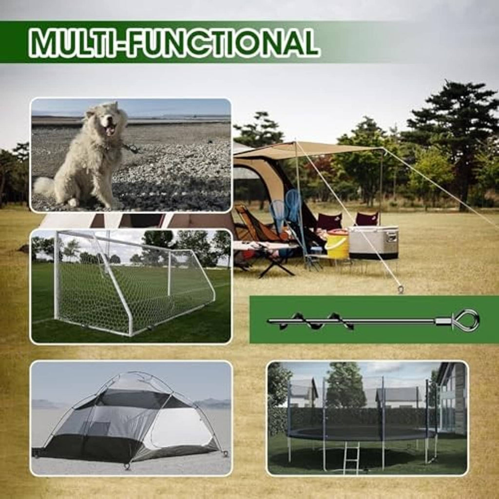 Ground anchors for securing outdoor gear; shown with tent, fence, and tarp setup