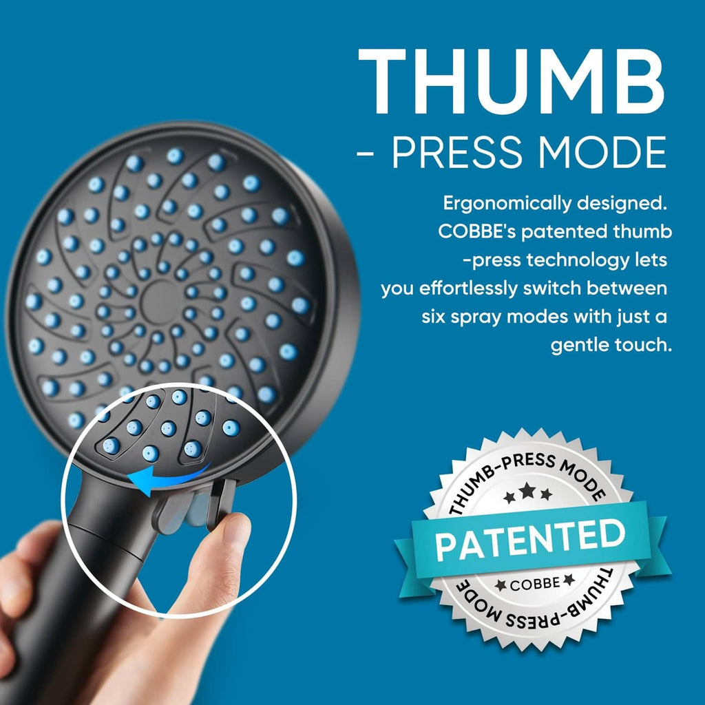 Matte black shower head with thumb-press control and round spray face