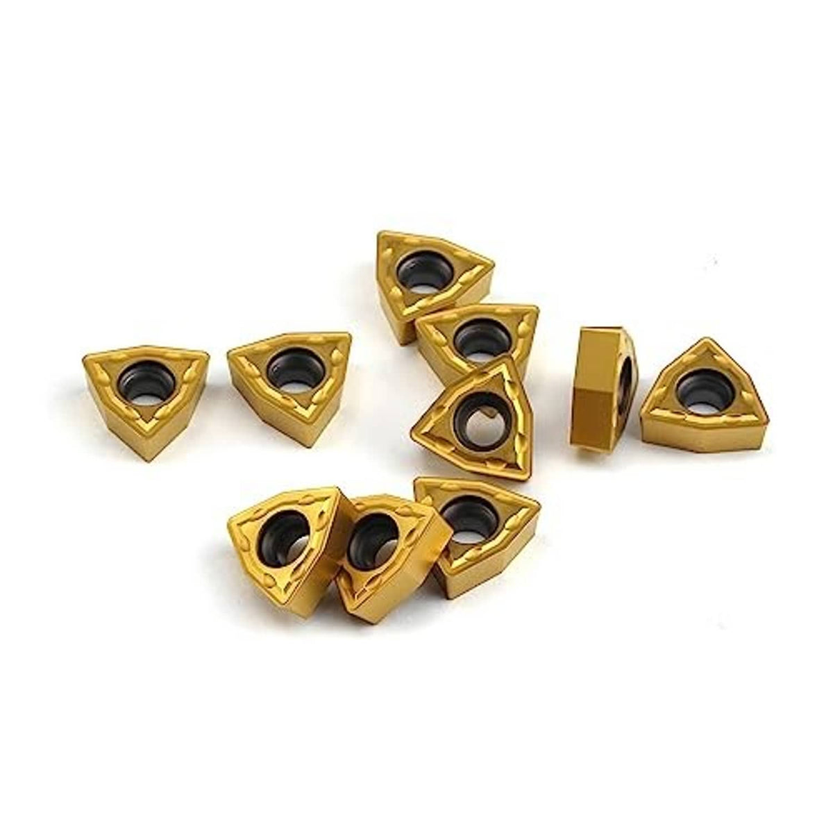 Triangular carbide turning inserts, gold with round hole and side profile