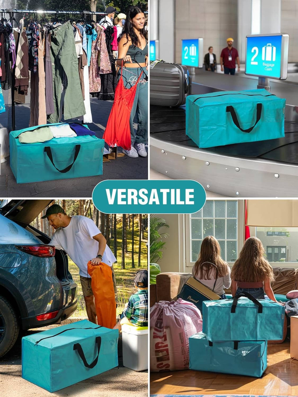 Turquoise moving bag with black handles, portable for storage and transport