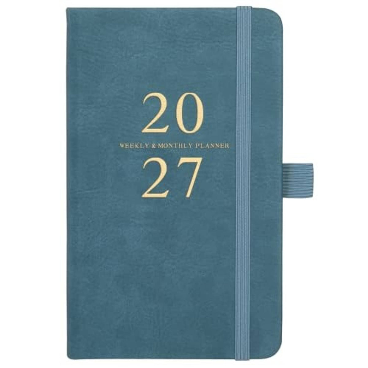 Teal pocket planner calendar, weekly and monthly pages for 2027, elastic band