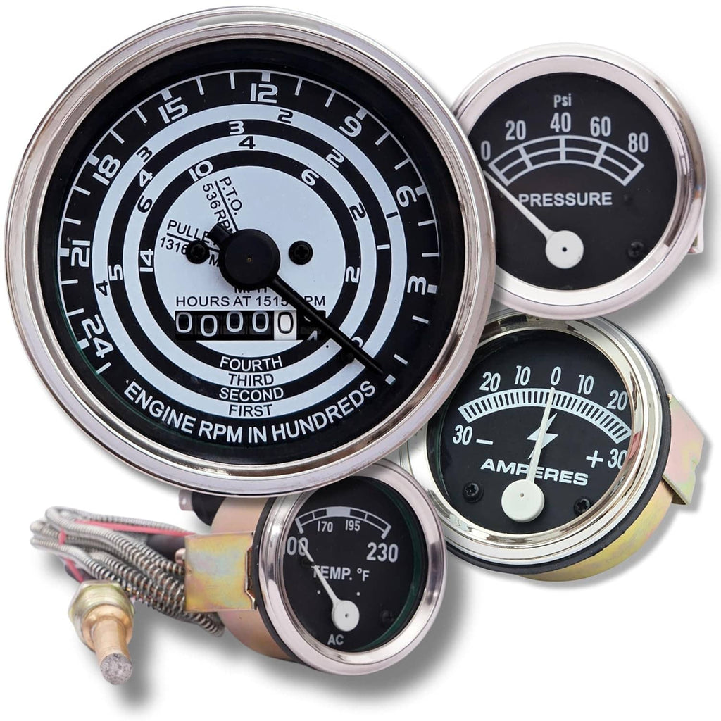 Tractor gauge set showing hour meter, pressure gauge, ammeter, and temperature gauge