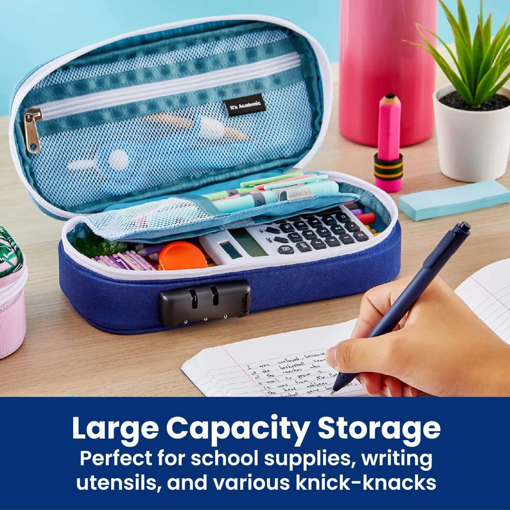Open blue locking pencil case showing mesh pocket and school supplies inside.
