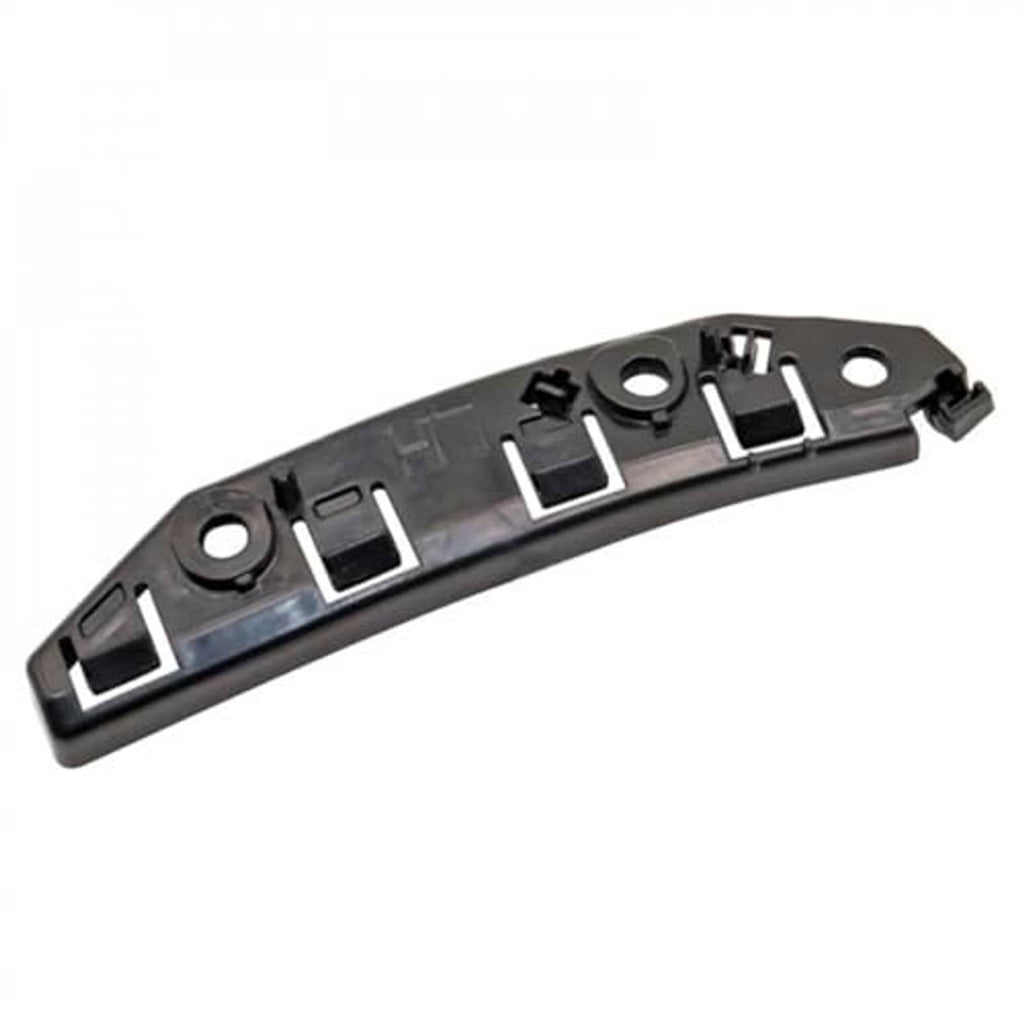Front bumper bracket retainer, black plastic bracket with circular mounting hole and clips