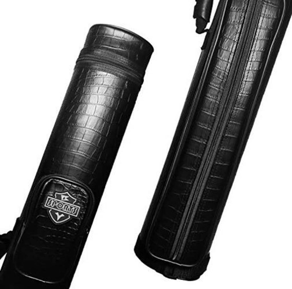 Black hard pool cue case with textured finish and badge logo near the top