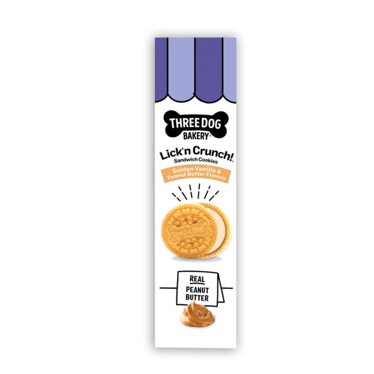 Three Dog Bakery Lick'n Crunch! sandwich cookies package side panel with cookie icons