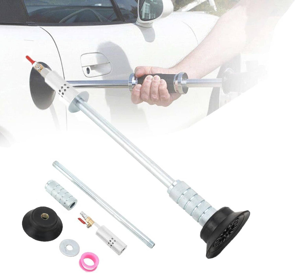Car dent puller suction cup slide hammer kit with long rods and spare attachments