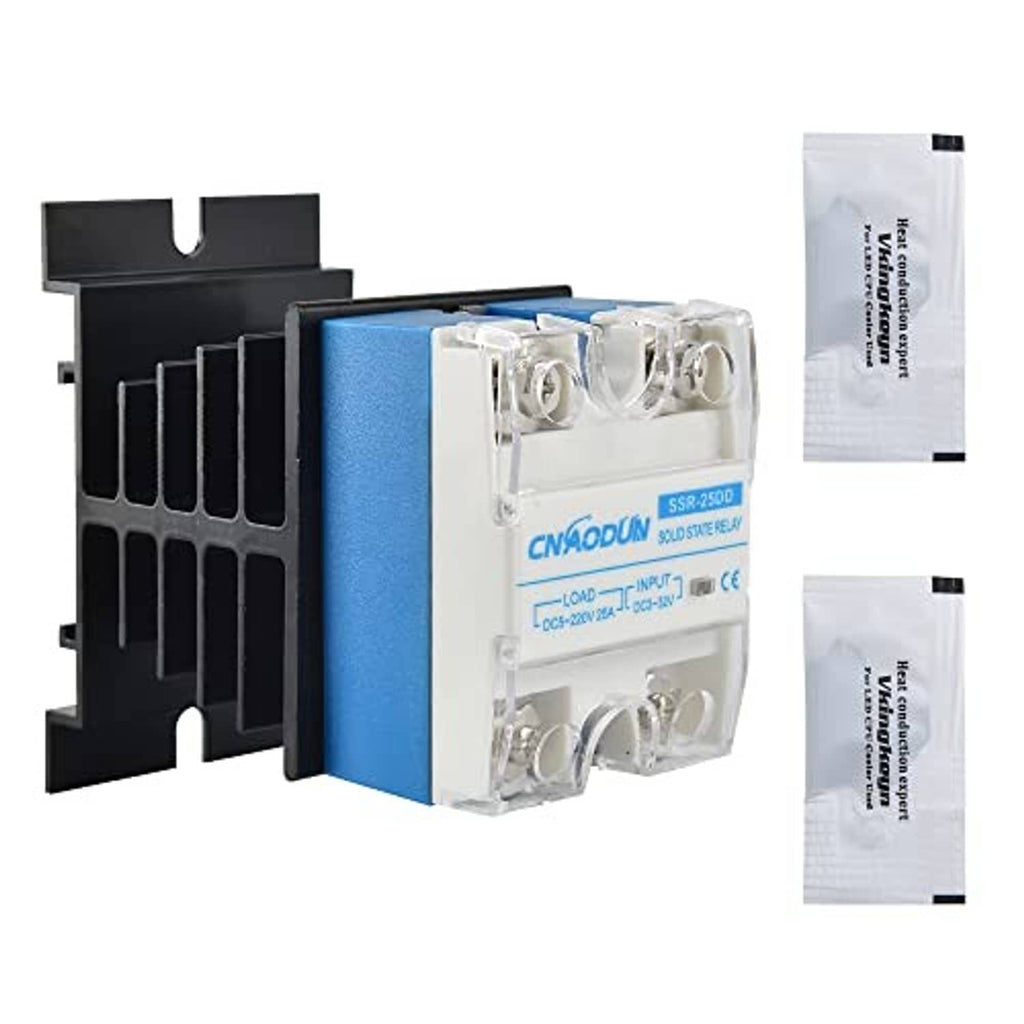 Solid state relay with blue heat sink base and clear terminal block, includes sachets