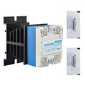 Solid state relay with blue heat sink base and clear terminal block, includes sachets