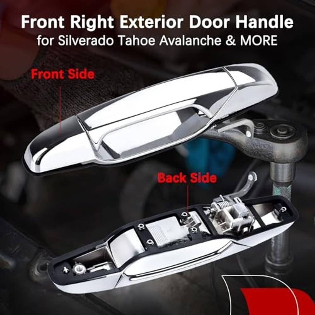 Exterior chrome door handle shown front and side with mounting components visible