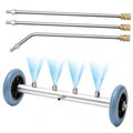 Pressure washer undercarriage cleaner attachment with four spray nozzles and blue wheels