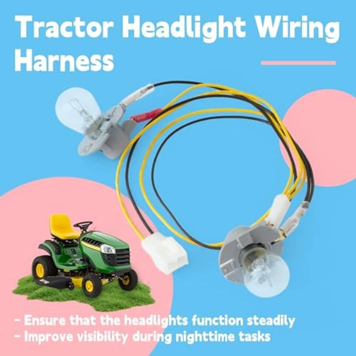 Tractor headlight wiring harness with two bulbs, gray sockets, and multi-wire connectors