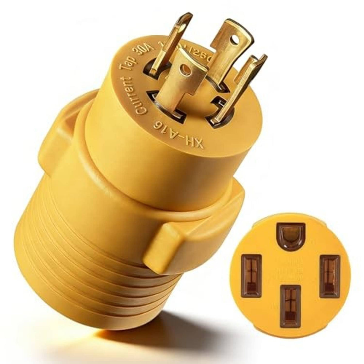 Yellow generator adapter with male 4-prong plug and round RV-style socket