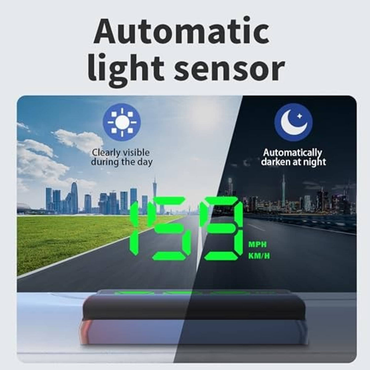 HUD head-up display with bright green speed digits and dark screen, compact visor on top