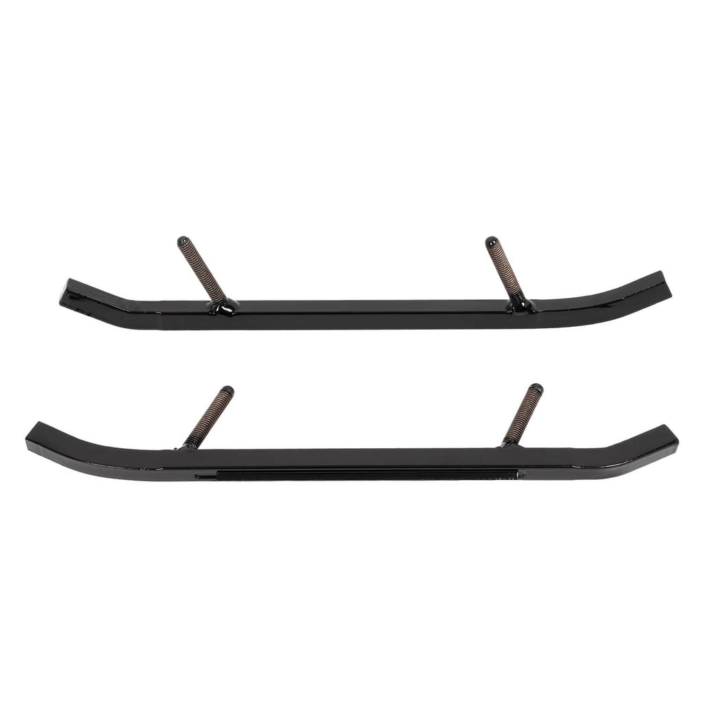 Two black ski wear bars with mounting bolts and curved edge runners