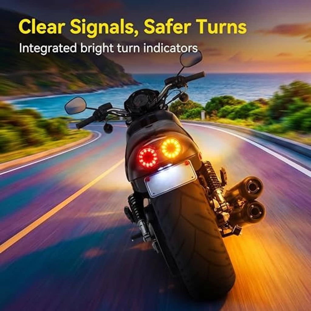 Motorcycle tail light with red and amber LED clusters and integrated license plate lamp