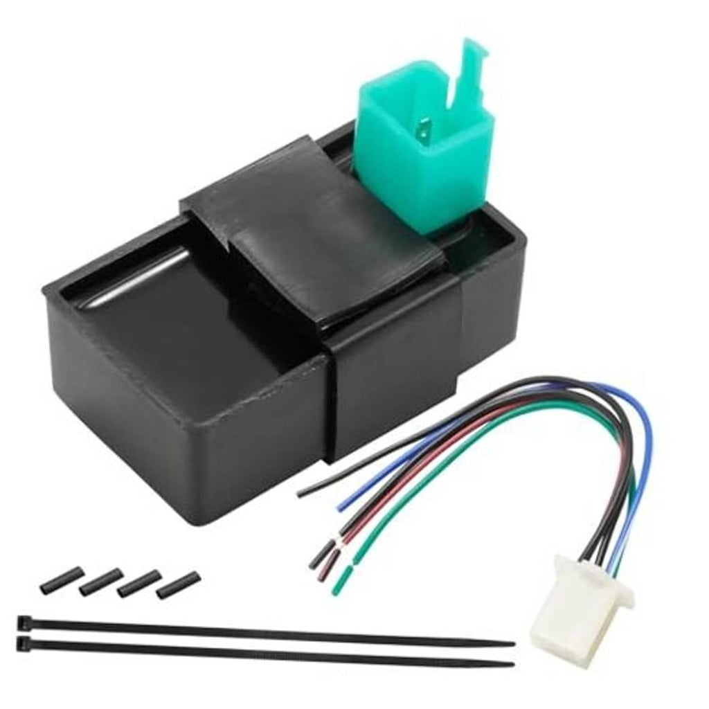 Black 5-pin AC CDI box with teal connector and 5-wire harness kit