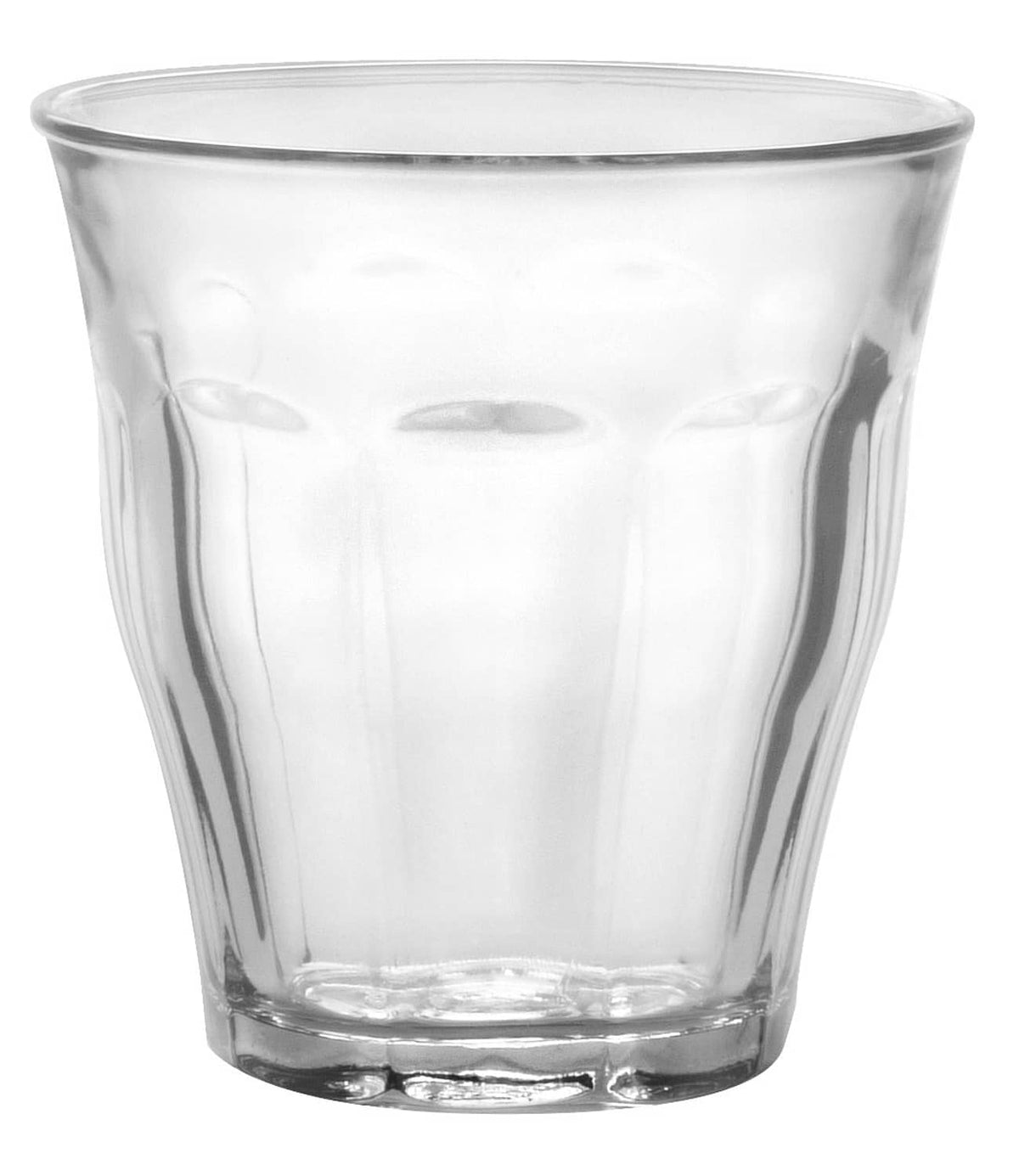 Clear glass tumbler with thick base and rounded rim