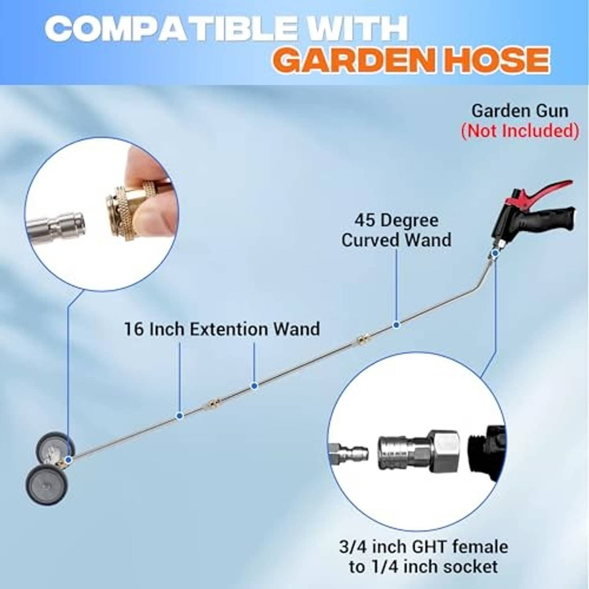 Wheeled undercarriage wand with 45-degree curved spray tip and 16-inch extension length