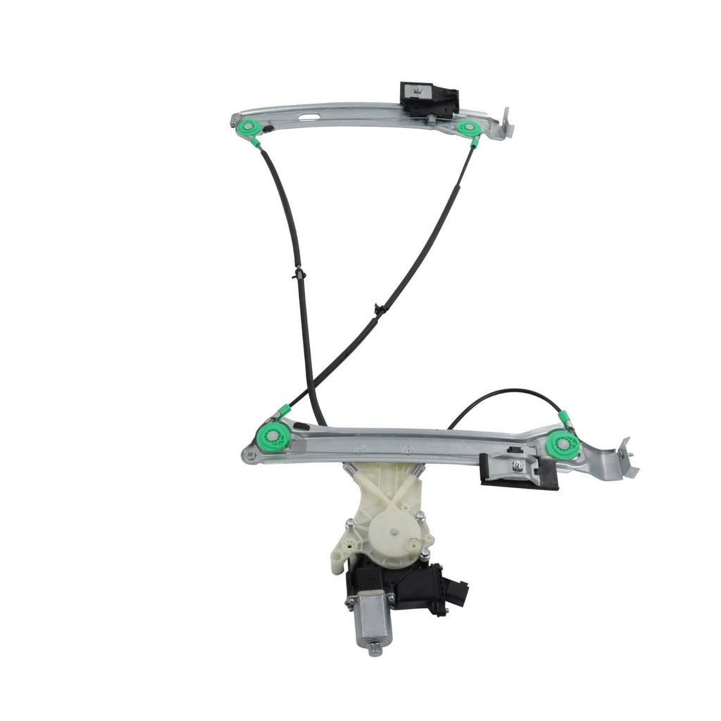Power window motor and regulator assembly with metal tracks and black cables, green clips