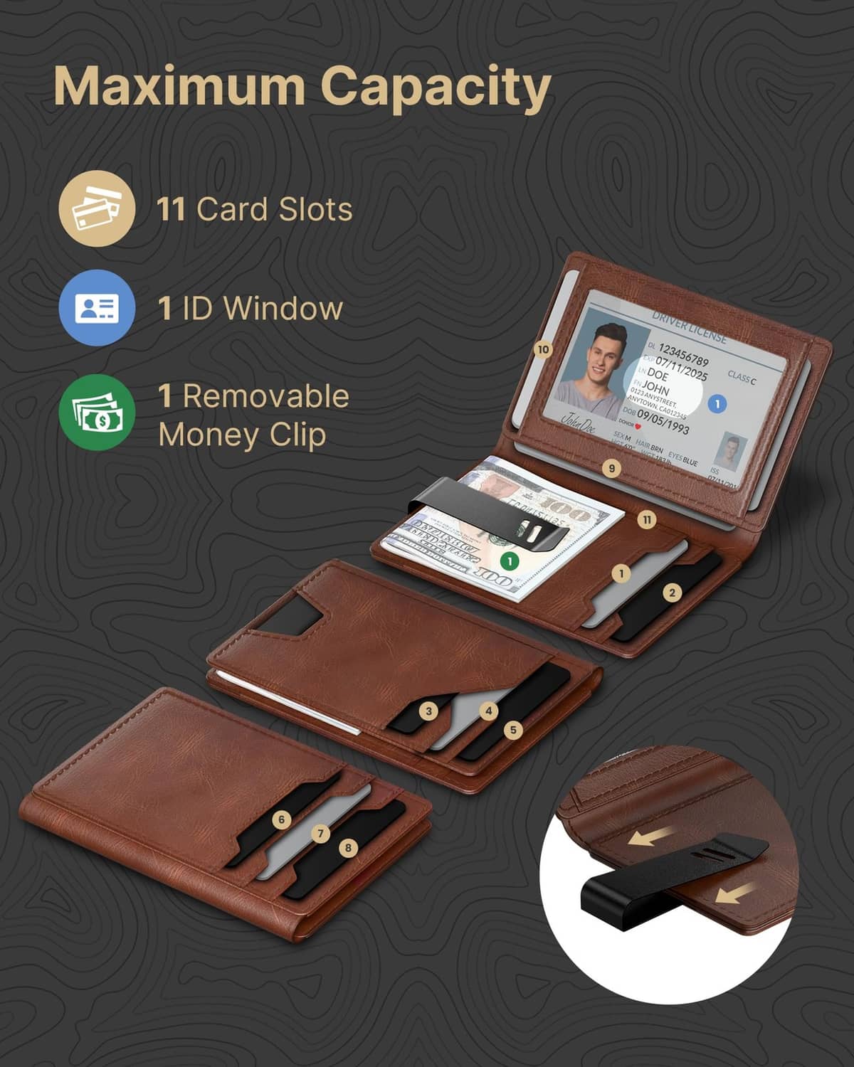 Brown leather card wallet layout showing 11 card slots and ID window feature.