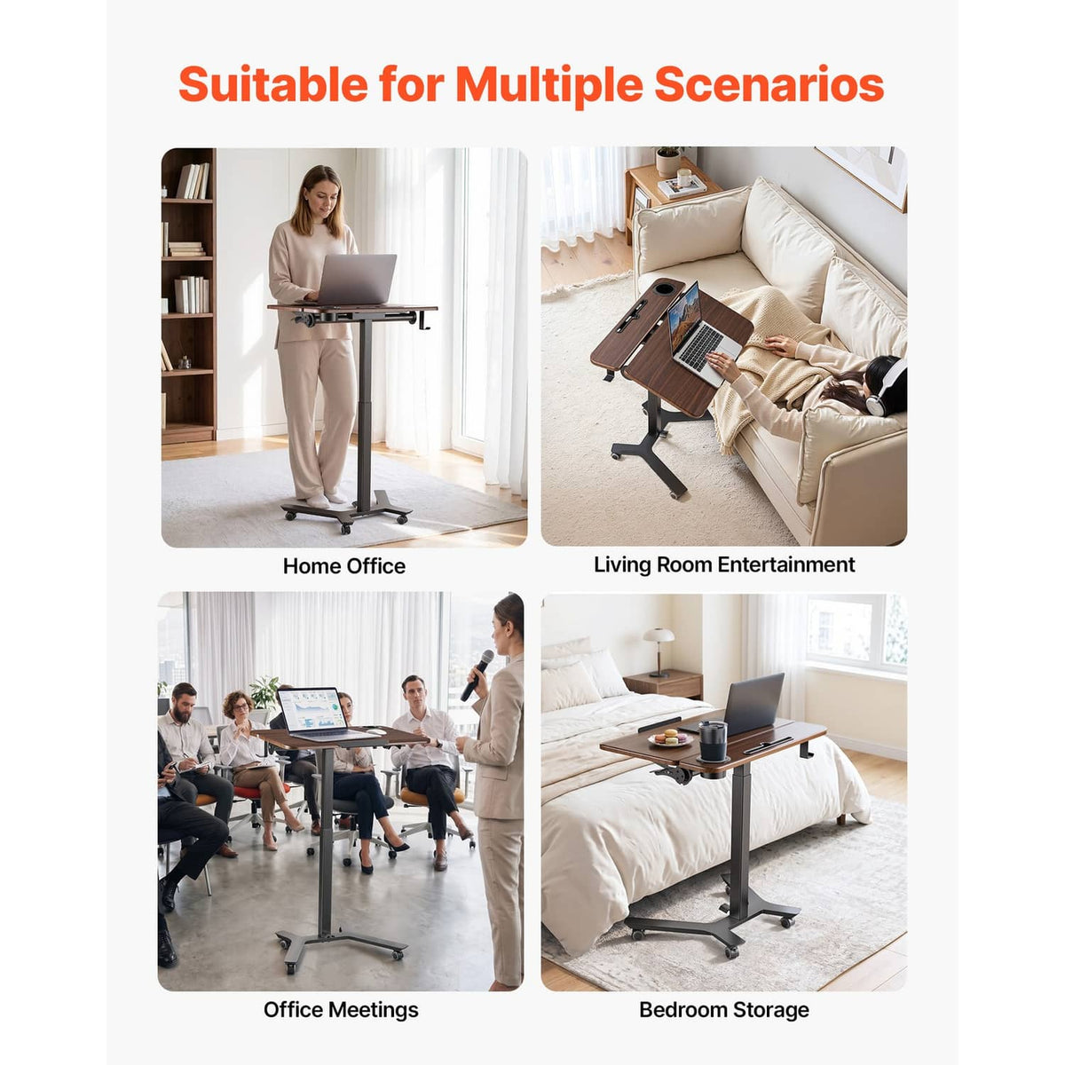 Mobile standing desk with dark wood top and wheeled base for home office and living room