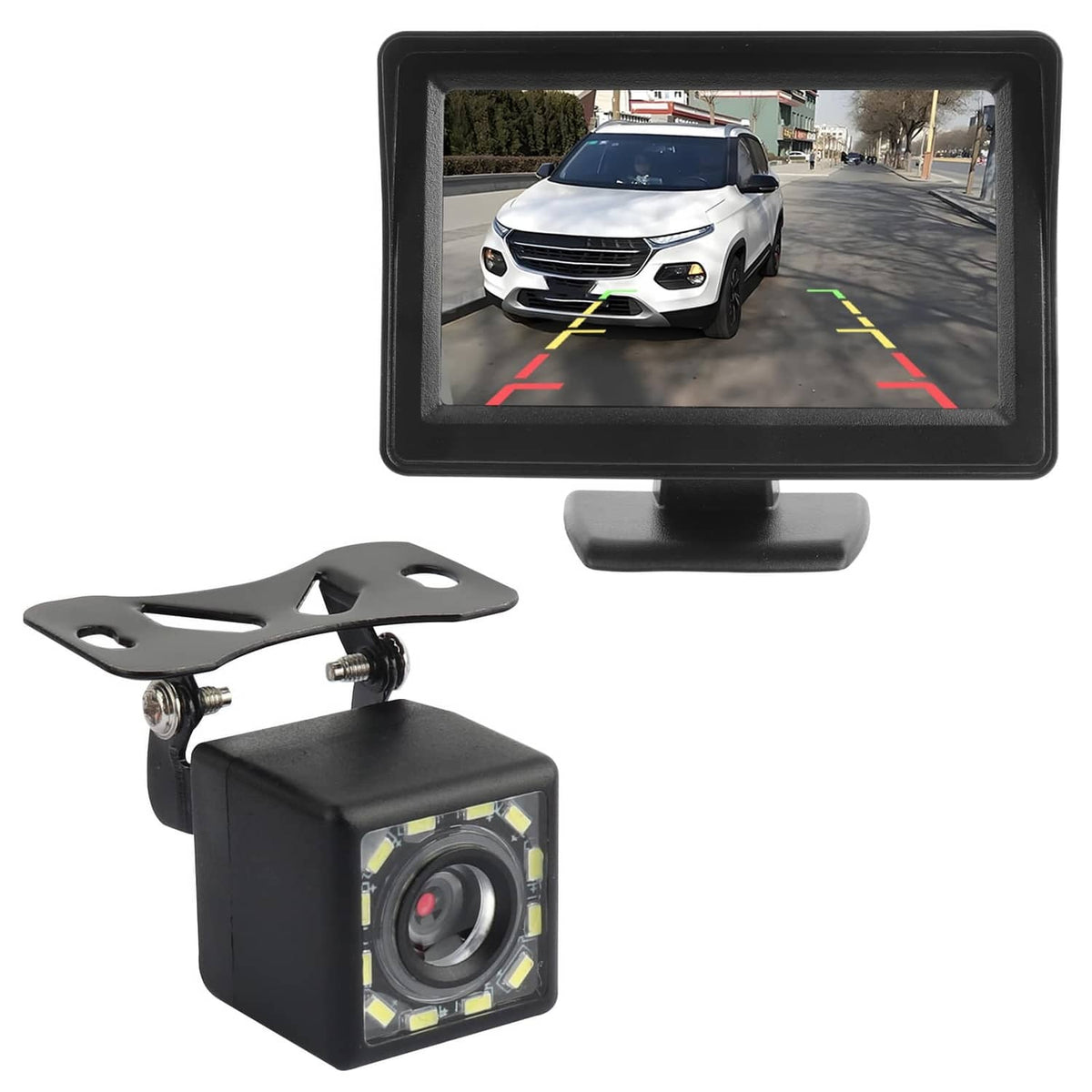 Black 4.6-inch backup monitor with rear camera and mounting bracket, night guide lines