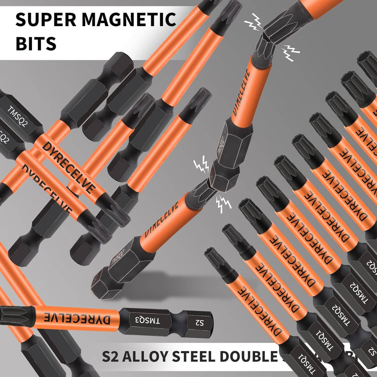 Torx star and double square bits scattered, black heads with orange shafts