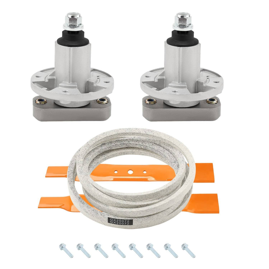 Deck spindle blade belt kit with two spindles, orange blades, belt loop, and bolts