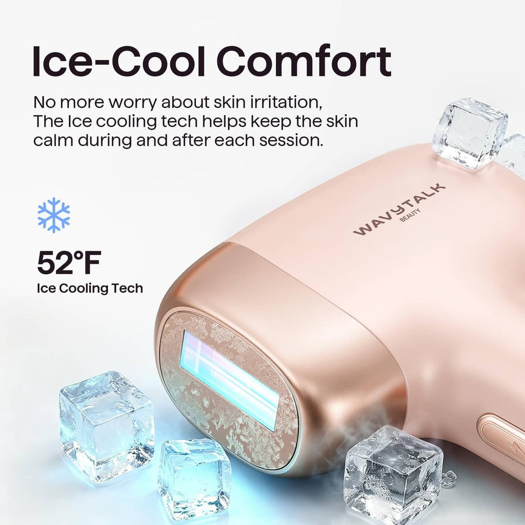 Gold-tone IPL hair removal device with cooling window and blue light