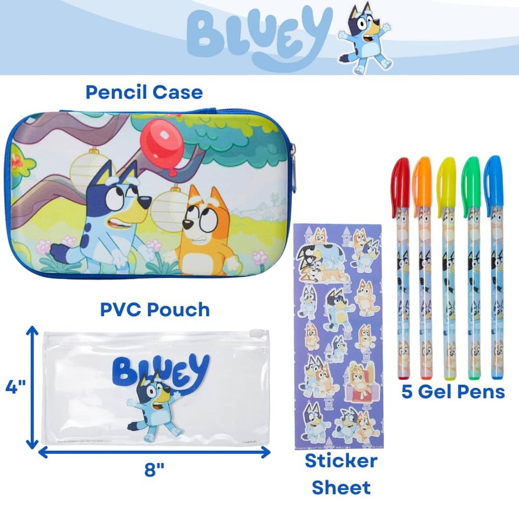 Bluey pencil case set with sticker sheet and five-color gel pen set in blue case