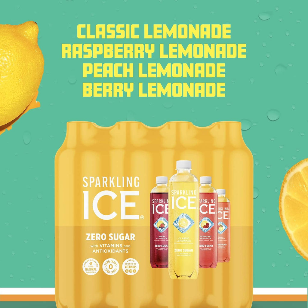 Sparkling Ice zero sugar multipack showing classic, raspberry, peach, and berry lemonade