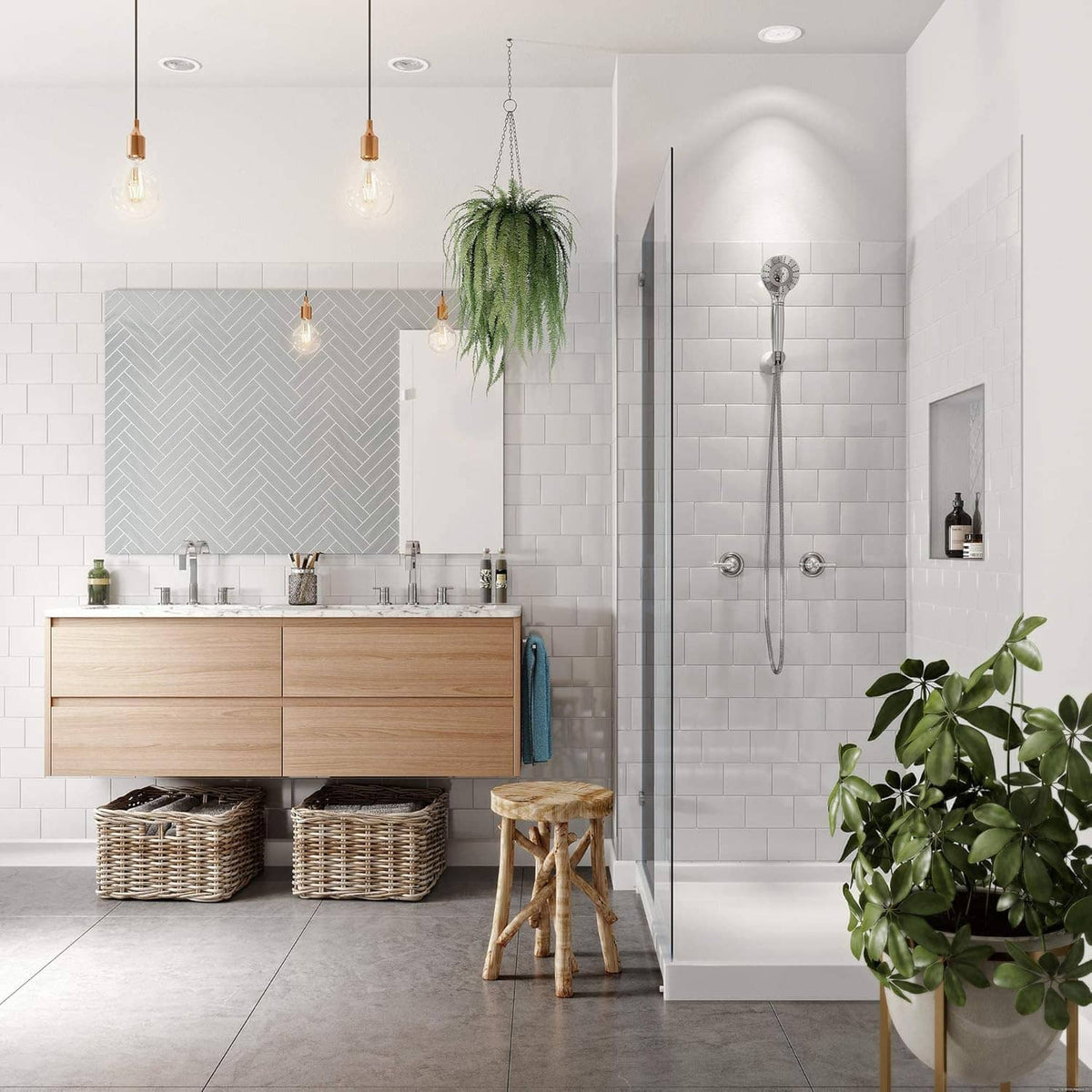 Chrome shower head with flexible hose in a tiled shower stall