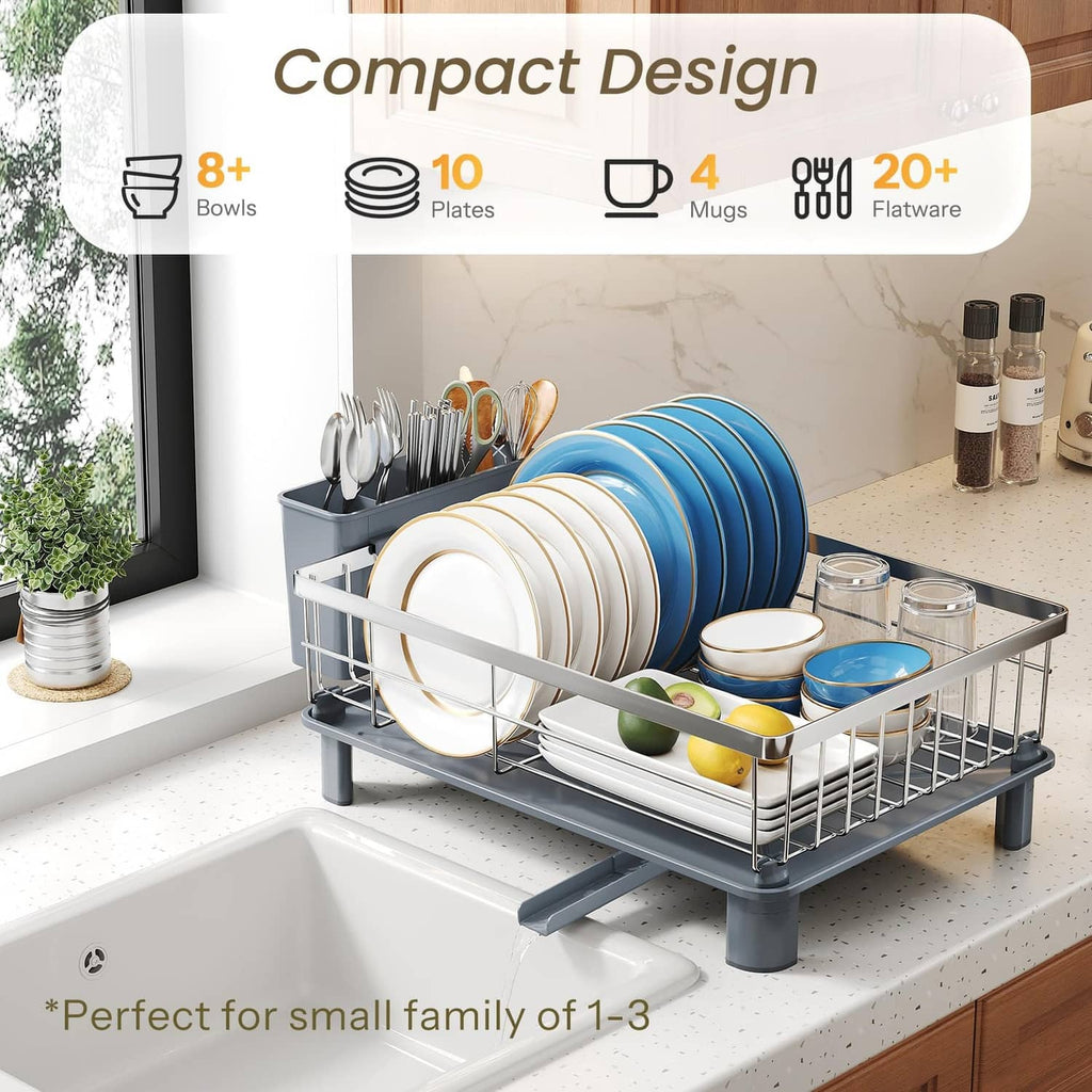 Small countertop dish drying rack with stacked plates and wire dish supports