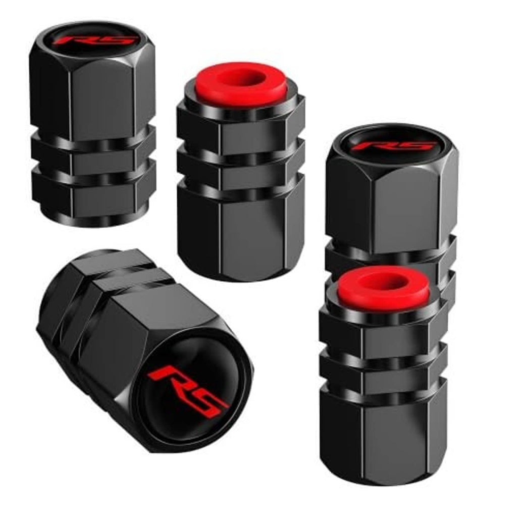 Five black valve stem caps with red top O-ring and RS emblem