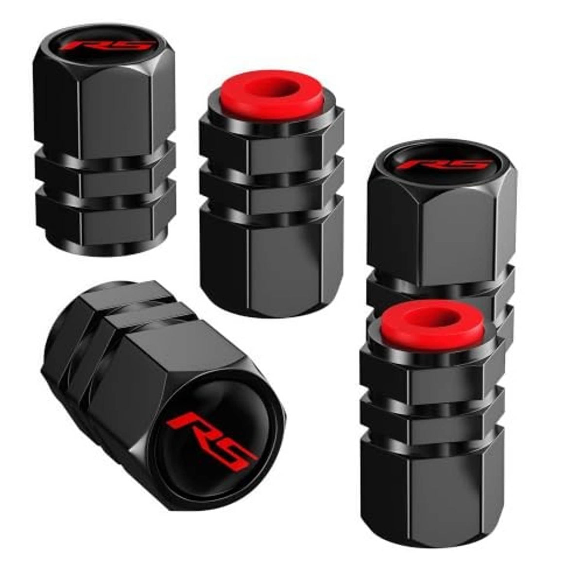 Five black valve stem caps with red top O-ring and RS emblem