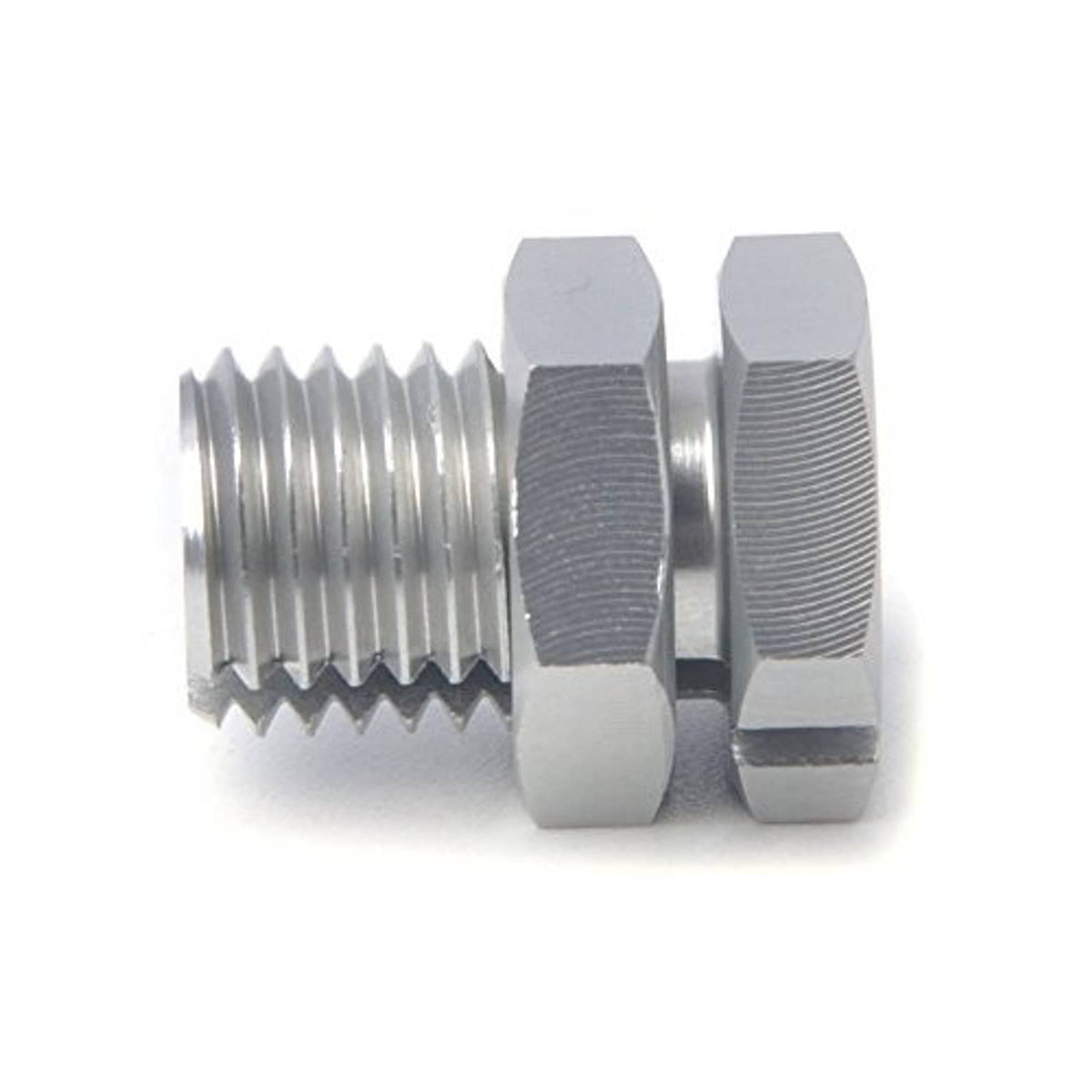 Metal throttle adapter fitting showing dual hex surfaces and external threads, silver