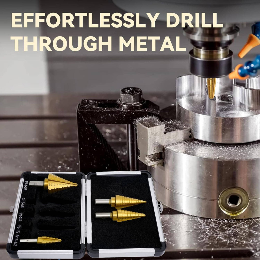Step drill bit cutting through metal on a drill press with a mounted bit set