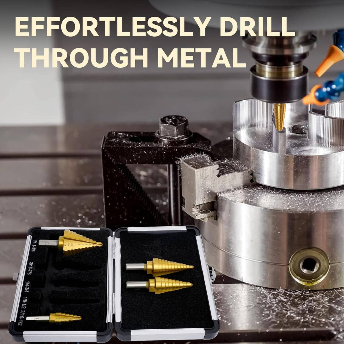 Step drill bit cutting through metal on a drill press with a mounted bit set