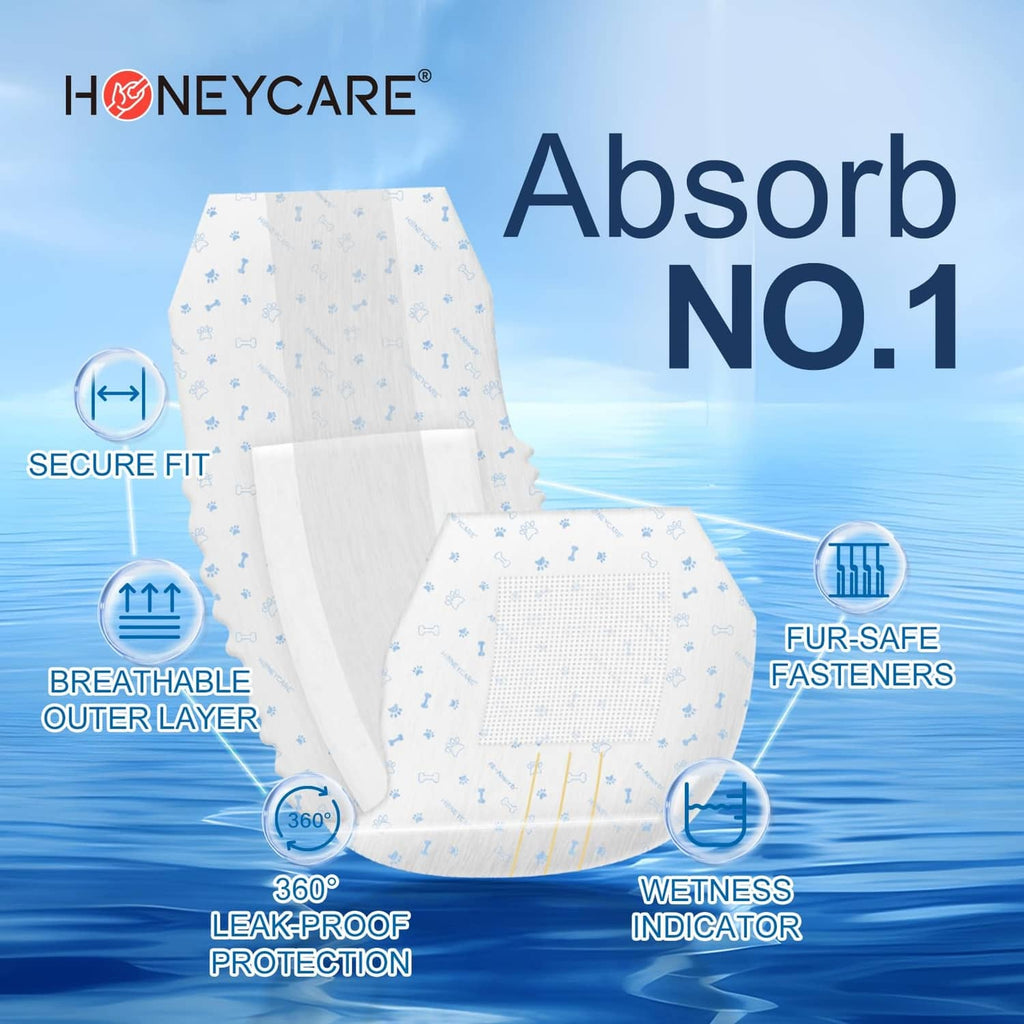 White disposable male dog wrap with secure fit, breathable outer layer, leak protection.