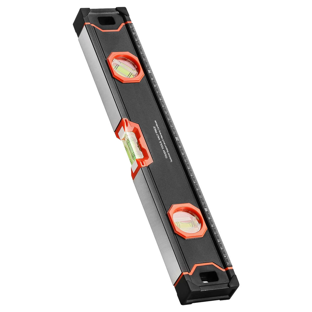 Magnetic torpedo level with two orange bubble vials and length measurement markings
