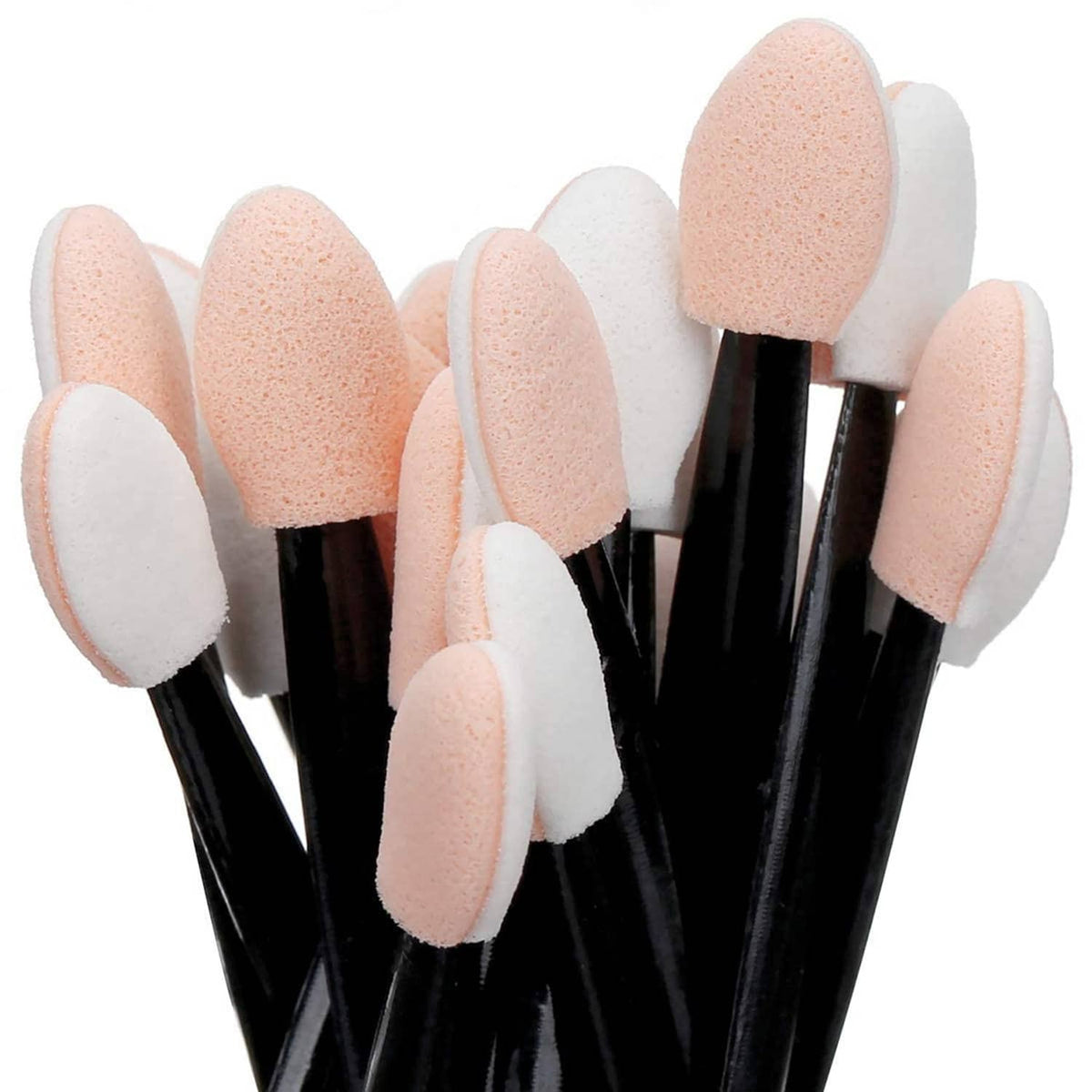 Set of eye shadow sponge applicator brushes with black handles and mixed pink and white foam tips